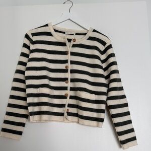 Striped Cream and Green Button-Up Knit Cardigan